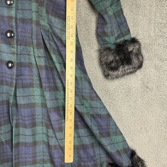 Collectif Vintage Pearl Blackwatch Check Coat Faux Fur Trim Plaid Green XXS NEW - Picture 6 of 6